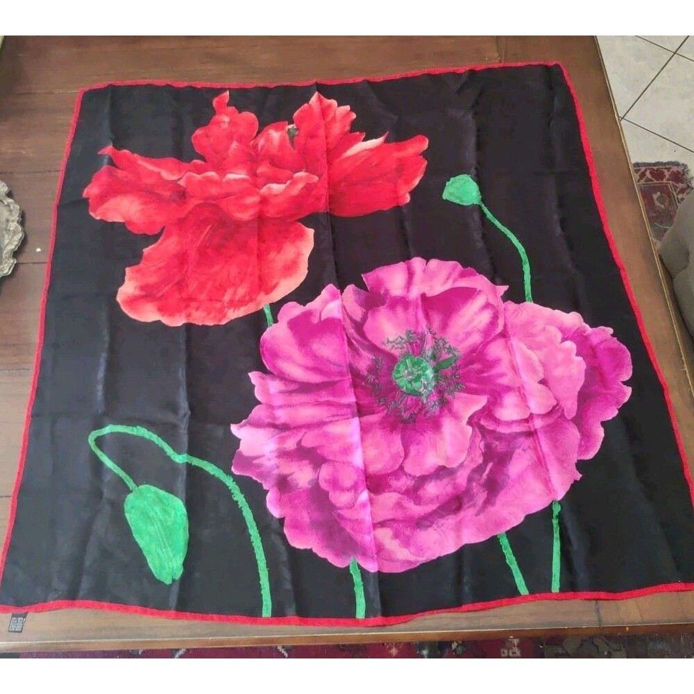 Vintage Large Floral Rose Italy Silk Scarf 33" Square Pink Red Black